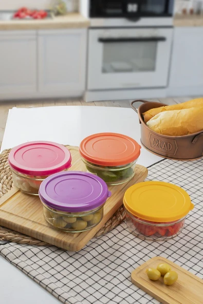 Paşabahçe Zuri 4 Lü Kahvaltılık Reçellik Çerezlik Renkli Kapaklı Cam Kase Saklama Kabı 400cc ürün görseli 1