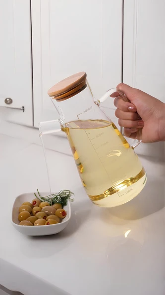 Miraçer Borosilikat Bambu Vakum Kapaklı Sürahi Yağlık Sirkelik Takımı 2 Parça 1000 ml+1000 ml - 3