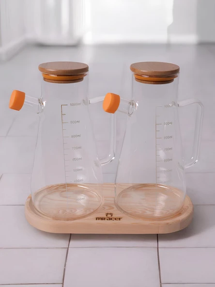 Miraçer Borosilikat Ahşap Standlı Bambu Vakum Kapaklı Sürahi Yağlık Sirkelik Takımı 3 Parça 1000 ml+1000 ml - 3