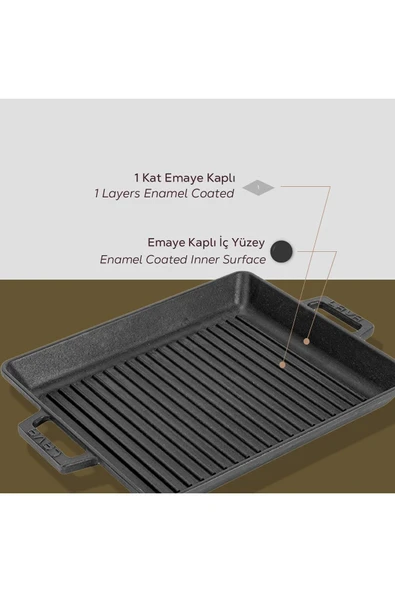 Lava Döküm Dikdörtgen 26x32 Metal Kulplu Izgara Tava - 6