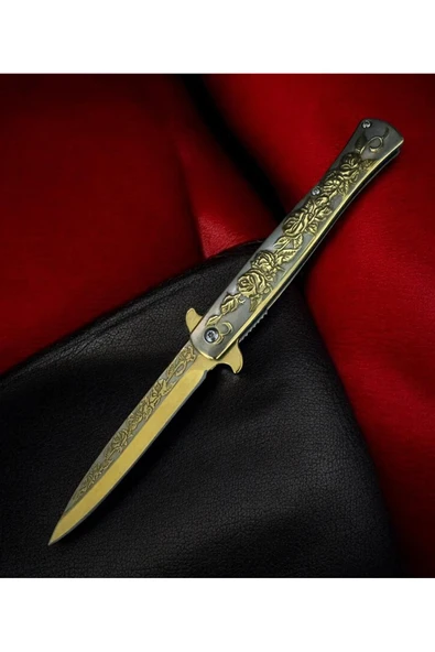 Gold Gül Motifli Paslanmaz Çelik Çakı - Resim 3