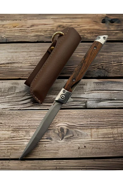 M390 Kahve Düz Ağız Çelik Çakı 21 Cm Deri Kılıf