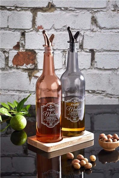 Hane Ahşap Standlı 2`li Rose Gold ve Füme 750cc Damlatmaz Akıllı Cam Yağlık Sirkelik Sosluk Seti