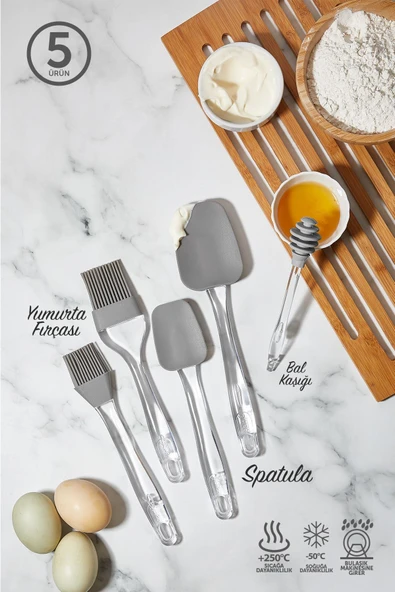 Hane 5'li Silikon Fırça (2 Boy ) - Spatula ( 2 Boy )- Bal Kaşığı Seti