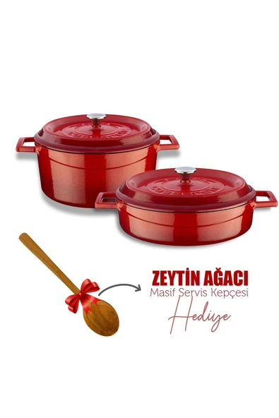Lava Kırmızı Derin Basık Döküm Tencere Set 24 cm
