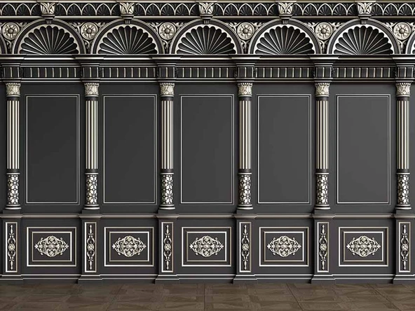 3D Siyah Panel Altın Motif ve Sütun Duvar Kağıdı Baskı - 7