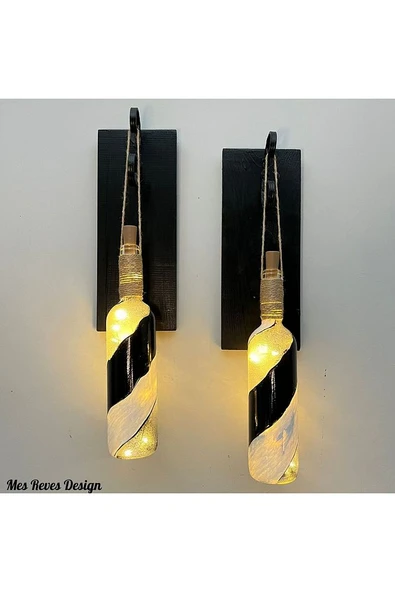 Led Işıklı Ahşap Siyah Renkli Vitray Cam Salon Bar Bahçe Dekoru Şarap Şişesi Duvar Aplik 2'li Set - 4