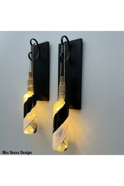 Led Işıklı Ahşap Siyah Renkli Vitray Cam Salon Bar Bahçe Dekoru Şarap Şişesi Duvar Aplik 2'li Set - 3