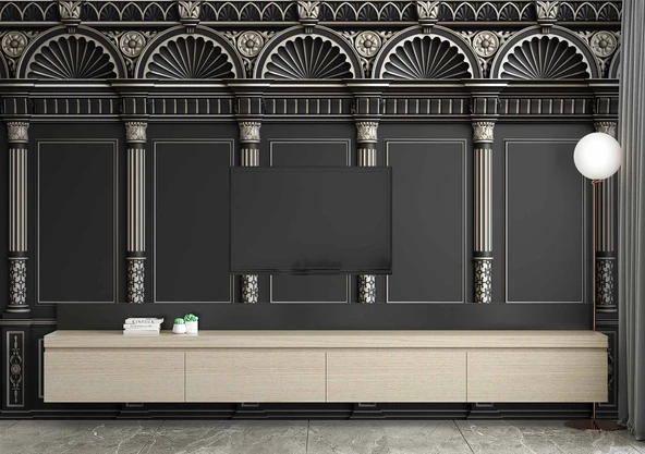 3D Siyah Panel Altın Motif ve Sütun Duvar Kağıdı Baskı - 3