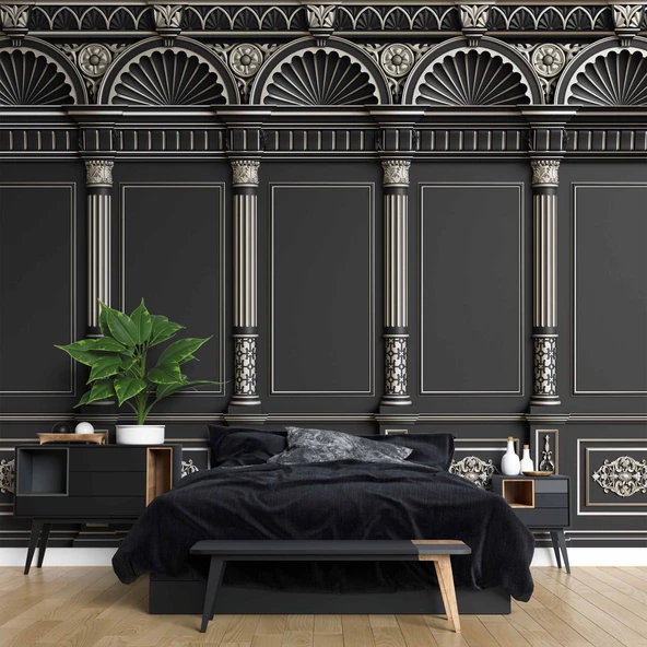 3D Siyah Panel Altın Motif ve Sütun Duvar Kağıdı Baskı - 2