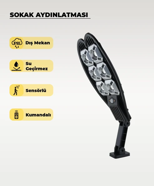 120W Solar Sokak Aydınlatması Beyaz Işık - Sensörlü ve Kumandalı