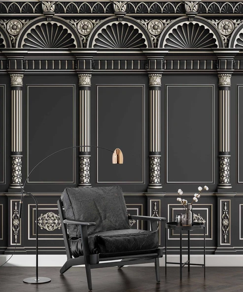 3D Siyah Panel Altın Motif ve Sütun Duvar Kağıdı Baskı - 6