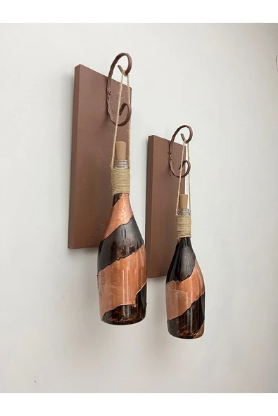 Led Işıklı Ahşap Kahverengi Vitray Cam Salon Bar Bahçe Dekoru Şampanya Şişesi Aplik 2'li Set - 4