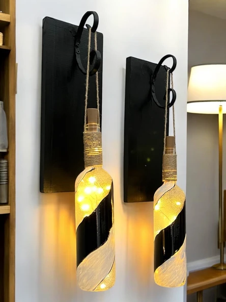 Led Işıklı Ahşap Siyah Renkli Vitray Cam Salon Bar Bahçe Dekoru Şarap Şişesi Duvar Aplik 2'li Set