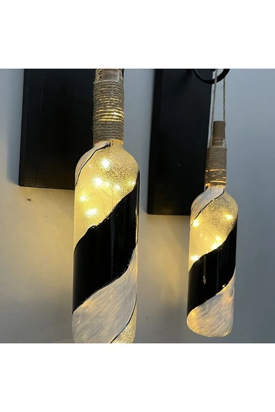 Led Işıklı Ahşap Siyah Renkli Vitray Cam Salon Bar Bahçe Dekoru Şarap Şişesi Duvar Aplik 2'li Set - 7