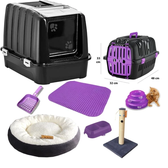 Timbox Başlangıç Kedi Seti Lüks Kapalı Tuvalet,taşıma Çantası,yatak,tırmalama,oyuncak,2li Mama Kap Kürek Hediye