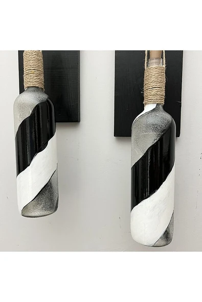 Led Işıklı Ahşap Siyah Renkli Vitray Cam Salon Bar Bahçe Dekoru Şarap Şişesi Duvar Aplik 2'li Set - 8