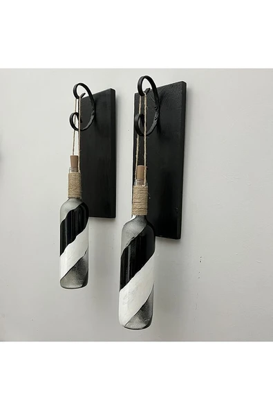 Led Işıklı Ahşap Siyah Renkli Vitray Cam Salon Bar Bahçe Dekoru Şarap Şişesi Duvar Aplik 2'li Set - 6