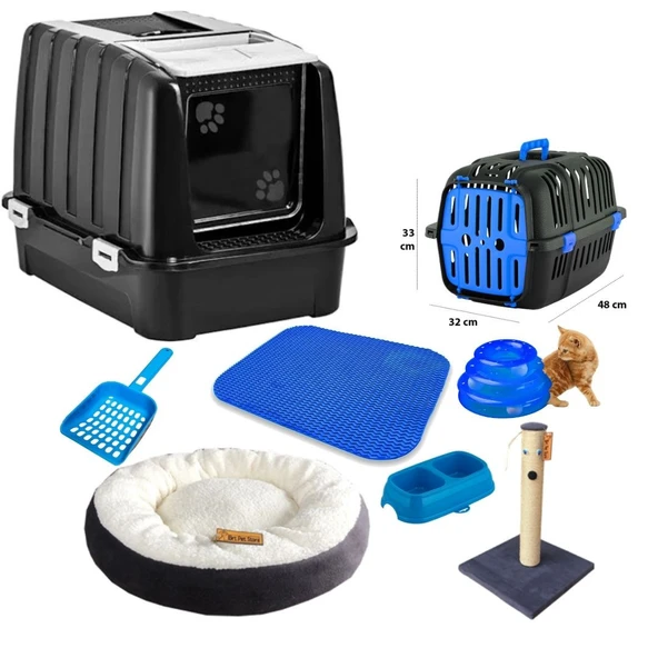 Timbox Başlangıç Kedi Seti Lüks Kapalı Tuvalet,taşıma Çantası,paspas,yatak,tırmalama,oyuncak,2li Mama Kap Kürek hediye - 6