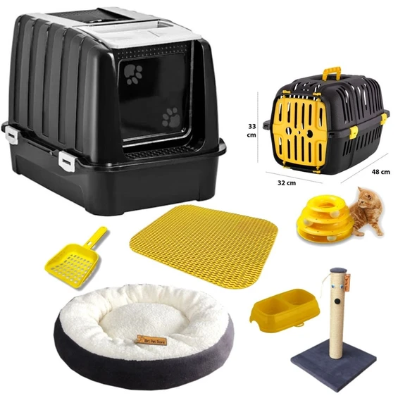 Timbox Başlangıç Kedi Seti Lüks Kapalı Tuvalet,taşıma Çantası,paspas,yatak,tırmalama,oyuncak,2li Mama Kap Kürek hediye