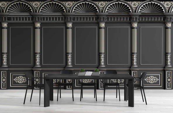 3D Siyah Panel Altın Motif ve Sütun Duvar Kağıdı Baskı - 5