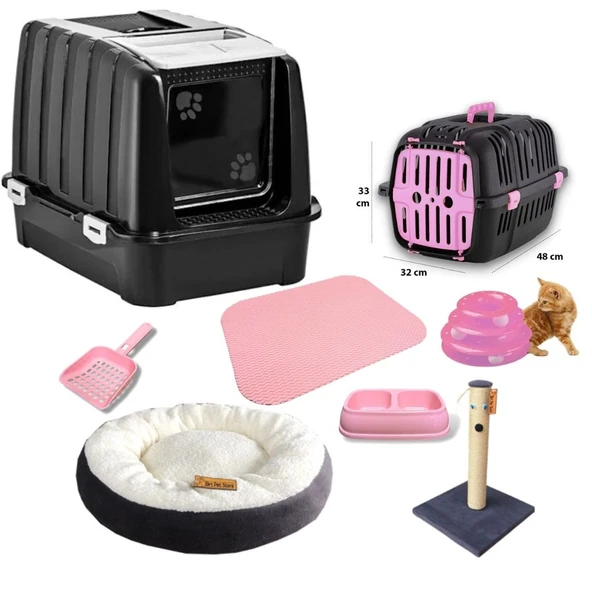 Timbox Başlangıç Kedi Seti Lüks Kapalı Tuvalet,taşıma Çantası,yatak,tırmalama,oyuncak,2li Mama Kap Kürek Hediyeli