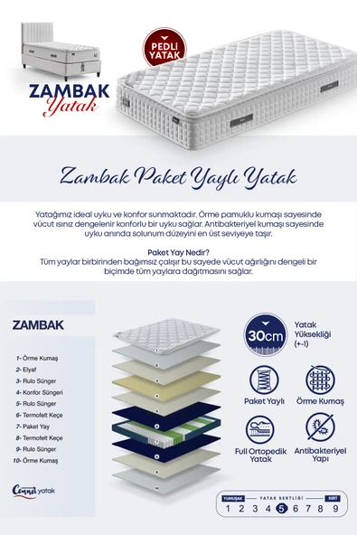 Zambak Tek Kişilik Sandıklı Baza + Full Ortopedik Antibakteriyel Pedli Yatak + Başlık  3 lü Set - 12