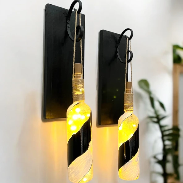 Led Işıklı Ahşap Siyah Renkli Vitray Cam Salon Bar Bahçe Dekoru Şarap Şişesi Duvar Aplik 2'li Set - 2