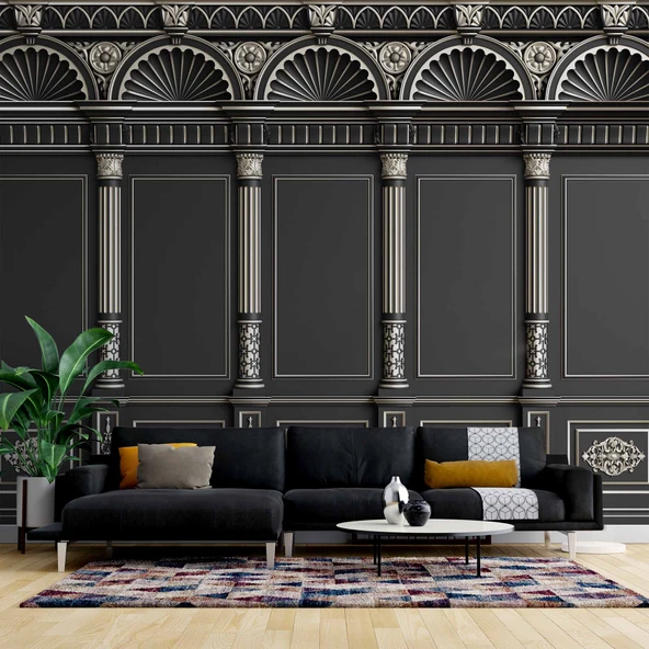 3D Siyah Panel Altın Motif ve Sütun Duvar Kağıdı Baskı