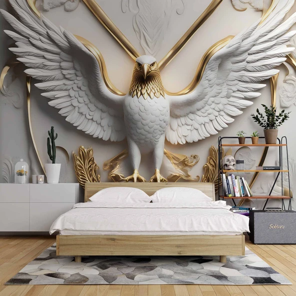 3D Kabartma Beyaz Altın Kartal Duvar Kağıdı Baskı - Resim 2