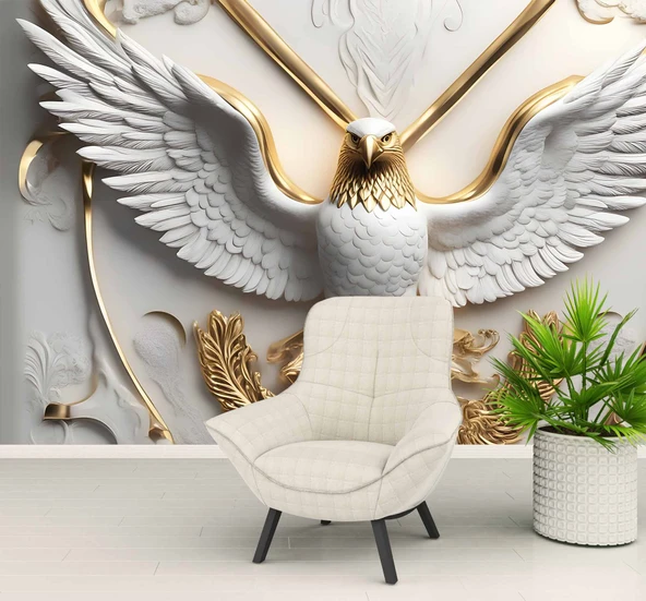 3D Kabartma Beyaz Altın Kartal Duvar Kağıdı Baskı - Resim 6