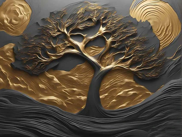 3D Kabartma Siyah Altın Ağaç Duvar Kağıdı Baskı - Resim 7