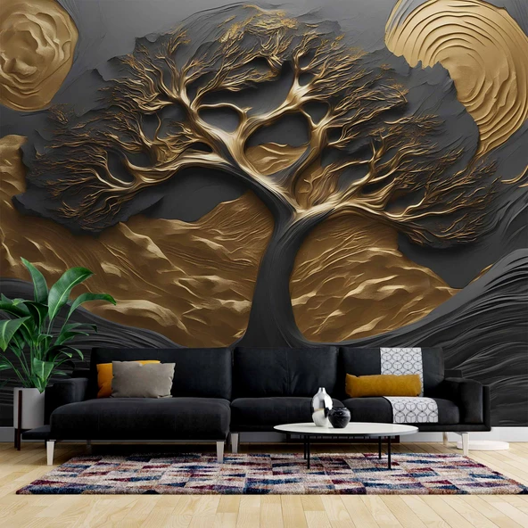 3D Kabartma Siyah Altın Ağaç Duvar Kağıdı Baskı
