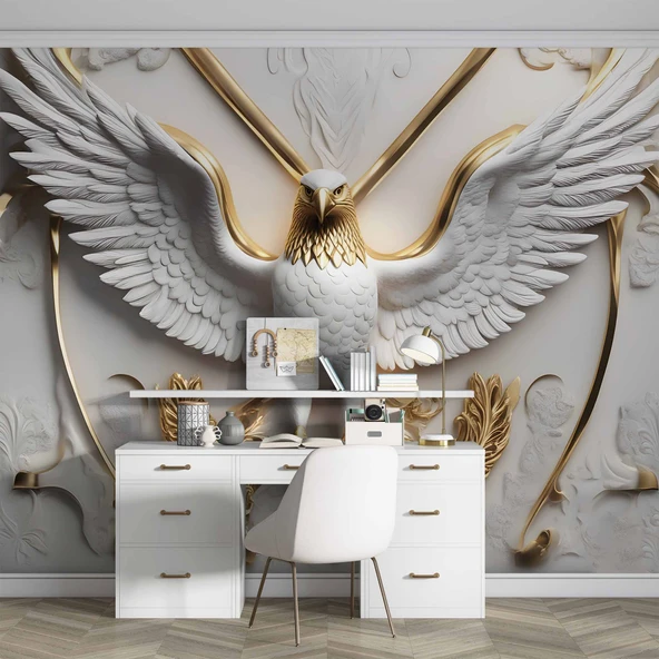 3D Kabartma Beyaz Altın Kartal Duvar Kağıdı Baskı - Resim 4