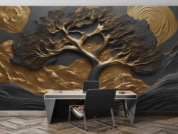 3D Kabartma Siyah Altın Ağaç Duvar Kağıdı Baskı - Resim 4