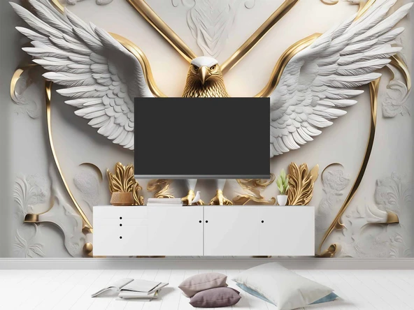 3D Kabartma Beyaz Altın Kartal Duvar Kağıdı Baskı - Resim 3