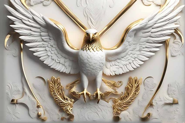 3D Kabartma Beyaz Altın Kartal Duvar Kağıdı Baskı - Resim 7