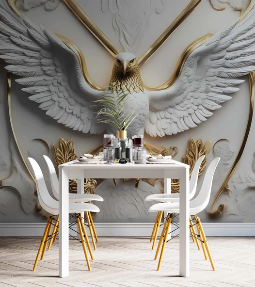 3D Kabartma Beyaz Altın Kartal Duvar Kağıdı Baskı - Resim 5