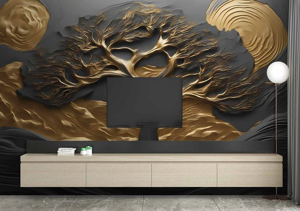 3D Kabartma Siyah Altın Ağaç Duvar Kağıdı Baskı - Resim 3