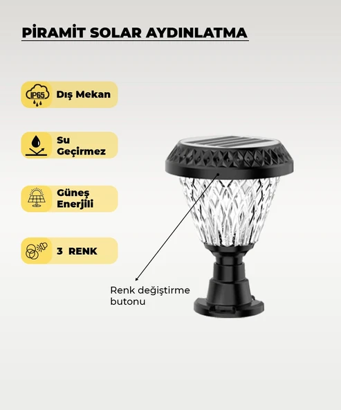 20w Solar Piramit Bahçe Aydınlatması - 3 Renk Işık