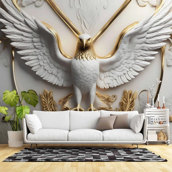 3D Kabartma Beyaz Altın Kartal Duvar Kağıdı Baskı