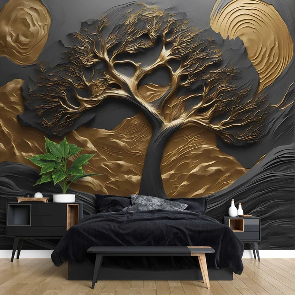 3D Kabartma Siyah Altın Ağaç Duvar Kağıdı Baskı - Resim 2