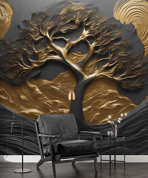 3D Kabartma Siyah Altın Ağaç Duvar Kağıdı Baskı - Resim 6