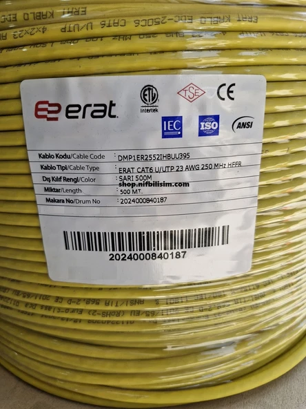 Erat DMP1ER2552IHBUU395 Cat6 U/UTP 23AWG 250 MHz HFFR 500 Metre Full Bakır Cat6 Kablo Sarı - 2