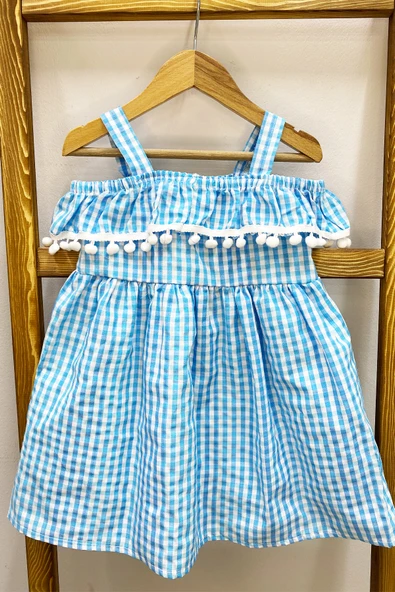 KIZ ÇOCUK ASKILI ELBİSE DANTELLİ EKOSE DESENLİ B14 - 5