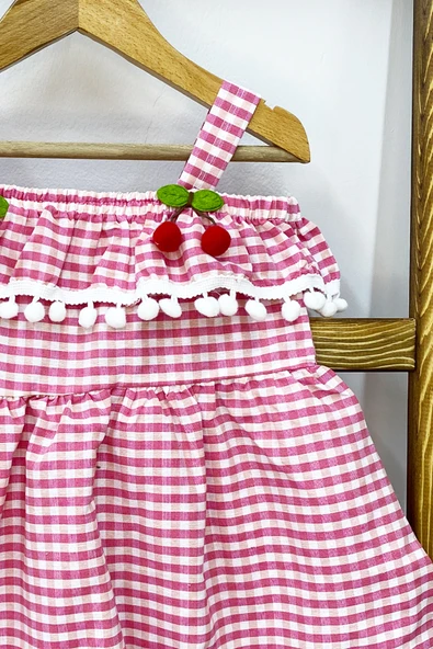 KIZ ÇOCUK ASKILI ELBİSE DANTELLİ EKOSE DESENLİ B14 - 9