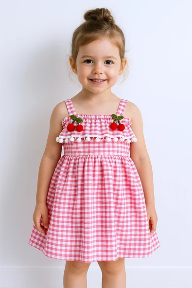 KIZ ÇOCUK ASKILI ELBİSE DANTELLİ EKOSE DESENLİ B14 - 6