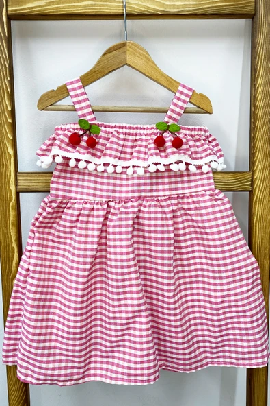 KIZ ÇOCUK ASKILI ELBİSE DANTELLİ EKOSE DESENLİ B14 - 7