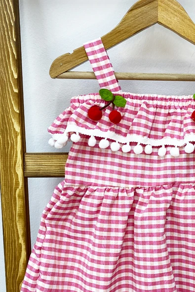 KIZ ÇOCUK ASKILI ELBİSE DANTELLİ EKOSE DESENLİ B14 - 8