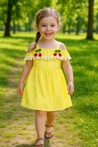 KIZ ÇOCUK ASKILI ELBİSE DANTELLİ EKOSE DESENLİ B14 - 11